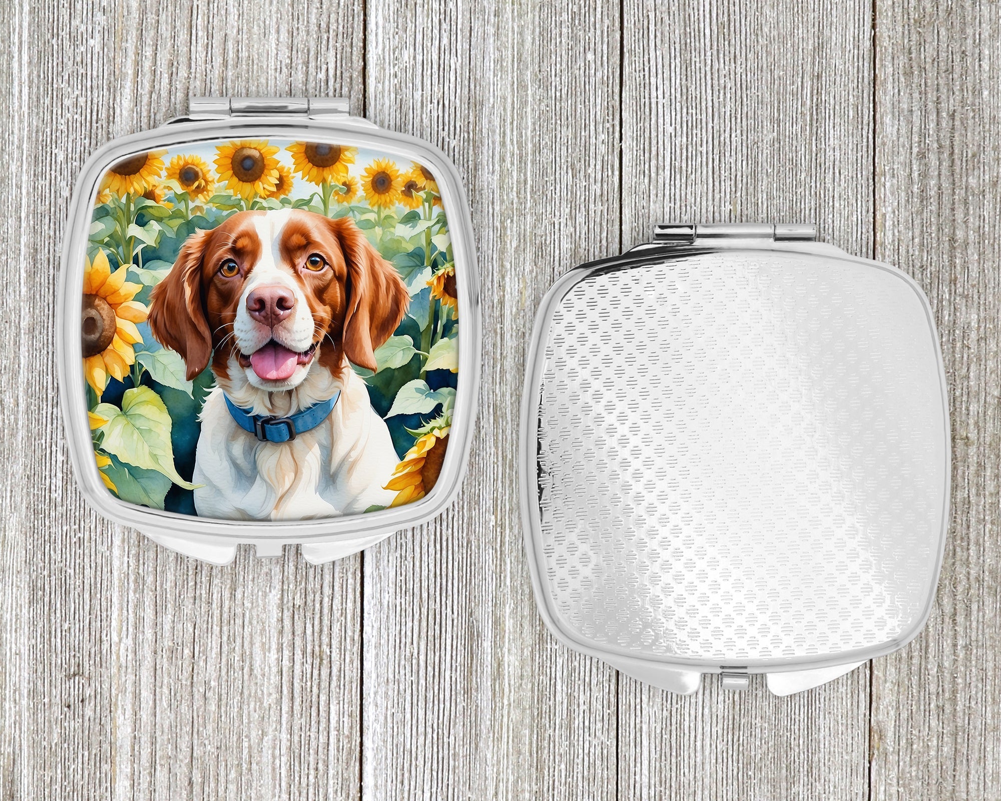 Brittany Spaniel in Sunflowers Compact Mirror Decorative Travel Makeup Mirror for Women Girls Gifts Pocket Makeup Mirror Folding Handheld
