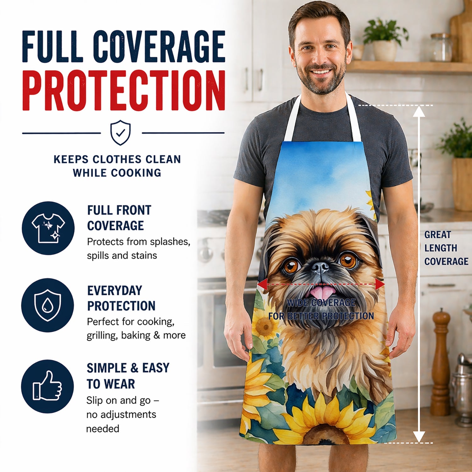Brussels Griffon in Sunflowers Apron Cooking Kitchen Server Baking Crafts Gardening for Adult Women Men, Unisex, Large, Multicolor