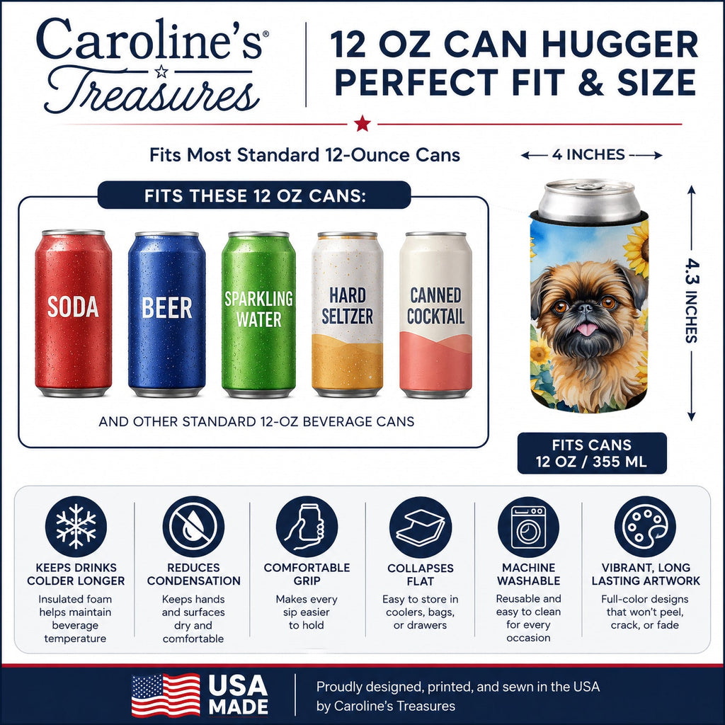 Brussels Griffon in Sunflowers Can or Bottle Hugger Cooler Sleeve for Standard 12 oz Cans, Insulated Foam Beer & Soda Can Hugger Reusable