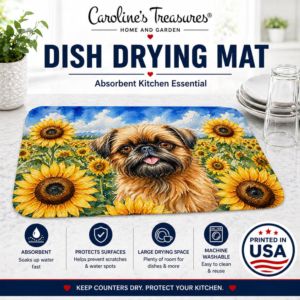 Brussels Griffon in Sunflowers Dish Drying Mat Absorbent Dish Drying Mat Pad for Kitchen Counter Dish Drainer Mat for Countertop, 14 x 21", Multicolor