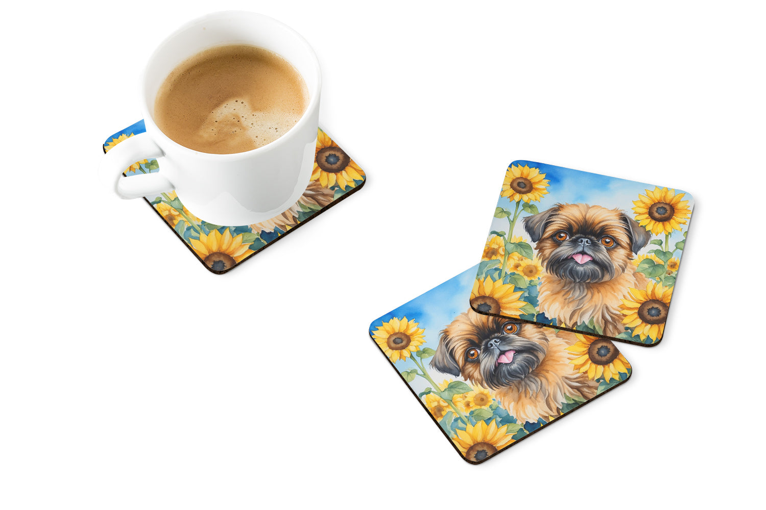 Brussels Griffon in Sunflowers Foam Coasters Set of 4 Cup Coasters for Indoor Outdoor, Tabletop Protection, Anti Slip, Mouse pad Material