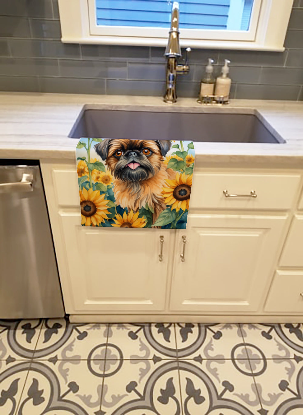 Brussels Griffon in Sunflowers Kitchen Towel Velour Plush Front and Cotton Loop Back Machine Washable