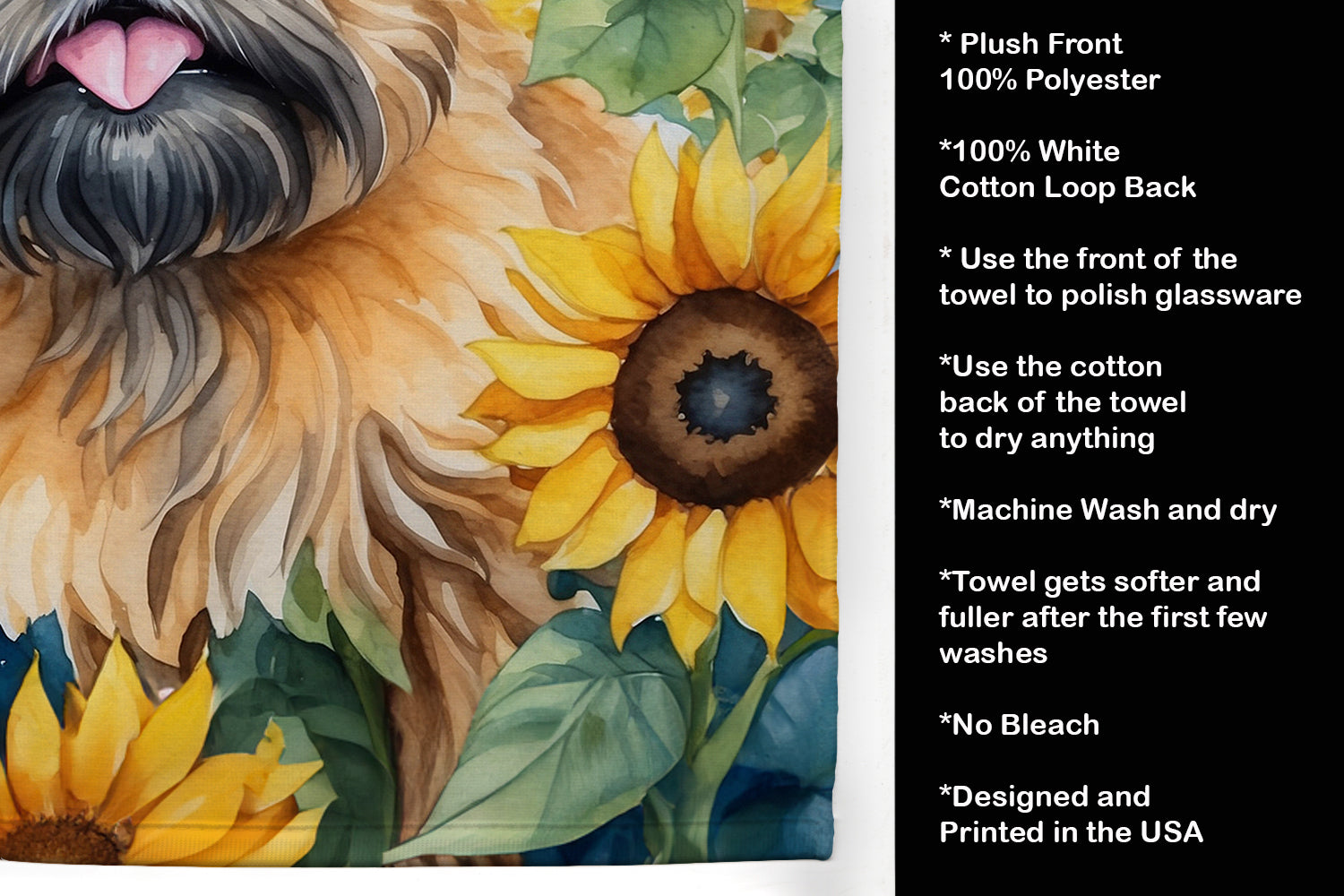 Brussels Griffon in Sunflowers Kitchen Towel Velour Plush Front and Cotton Loop Back Machine Washable