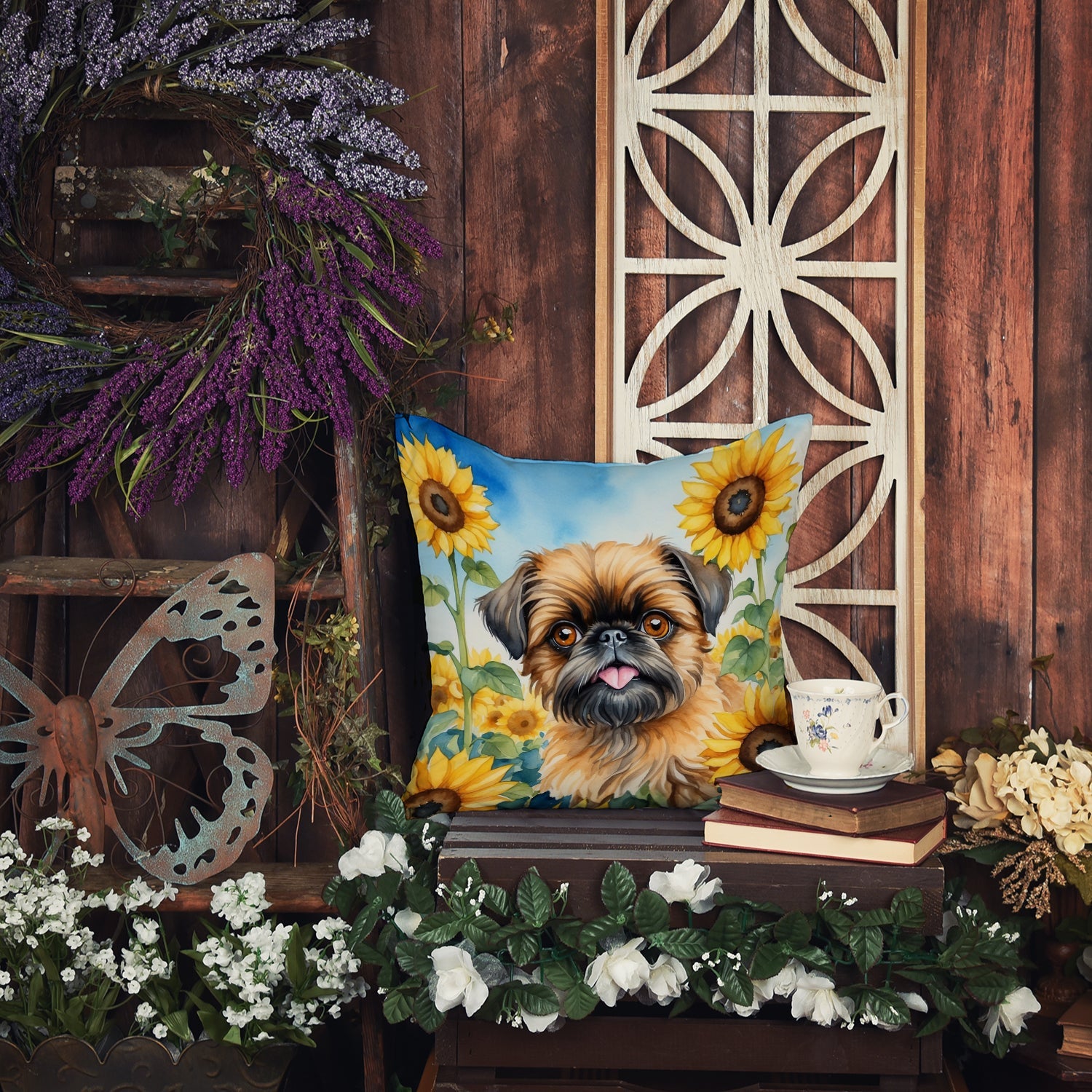 Brussels Griffon in Sunflowers Decorative Throw Pillow 18x18 Indoor Outdoor Accent Cushion, Fabric Cover with Insert for Sofa, Bed, Porch & Living Room