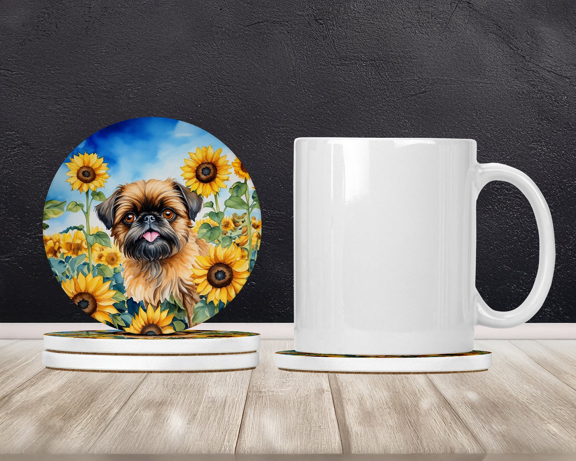 Brussels Griffon in Sunflowers Large Sandstone Coasters Pack of 4 Absorbent Round Coasters Decor Gifts for Men or Women, 4 in, Multicolor