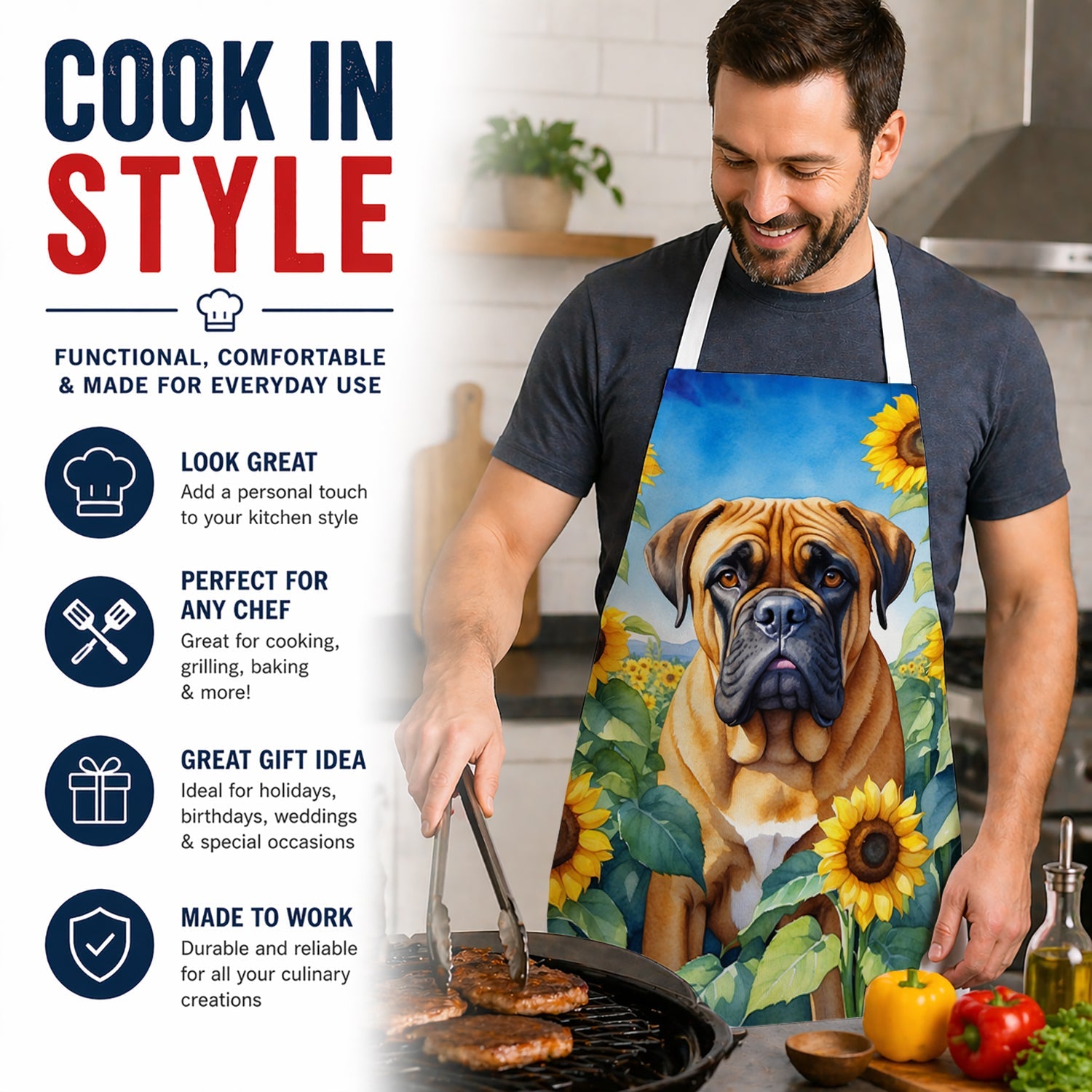 Bullmastiff in Sunflowers Apron Cooking Kitchen Server Baking Crafts Gardening for Adult Women Men, Unisex, Large, Multicolor