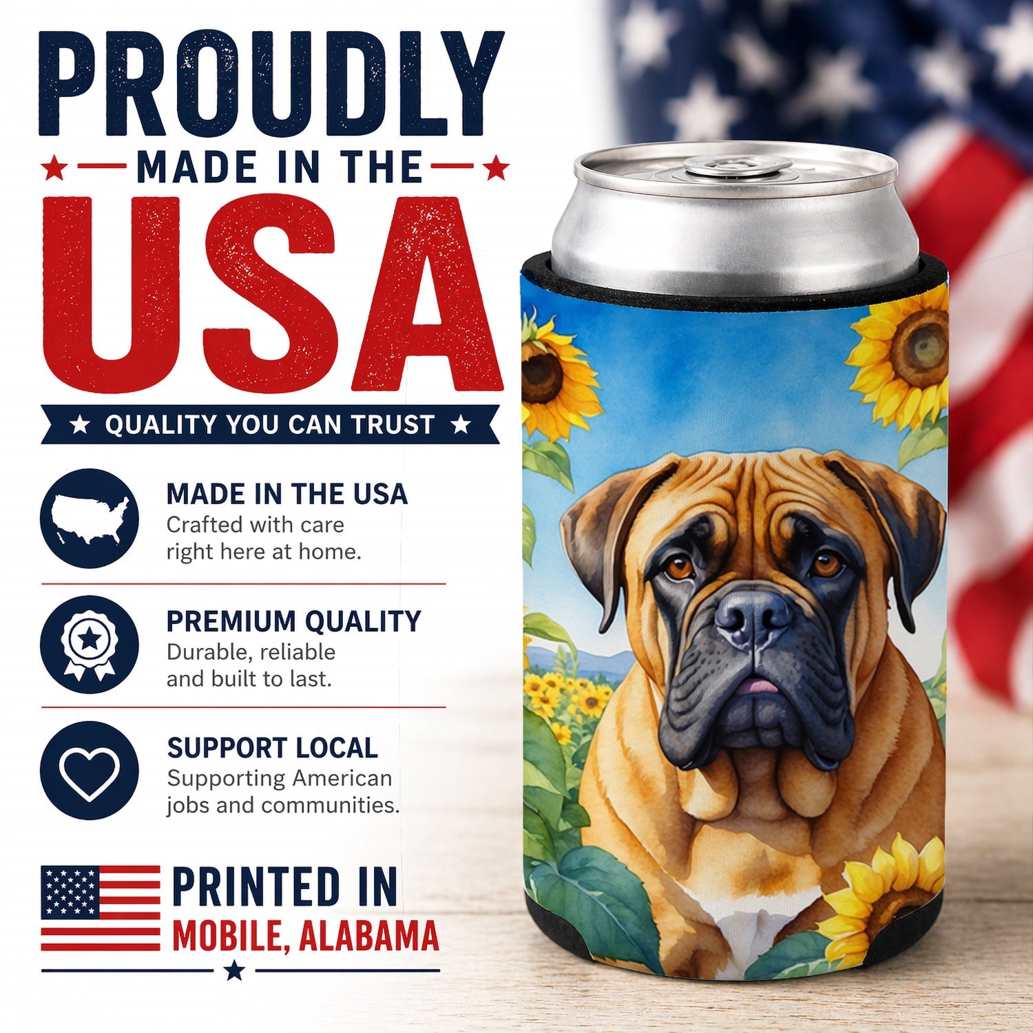 Bullmastiff in Sunflowers Can or Bottle Hugger Cooler Sleeve for Standard 12 oz Cans, Insulated Foam Beer & Soda Can Hugger Reusable