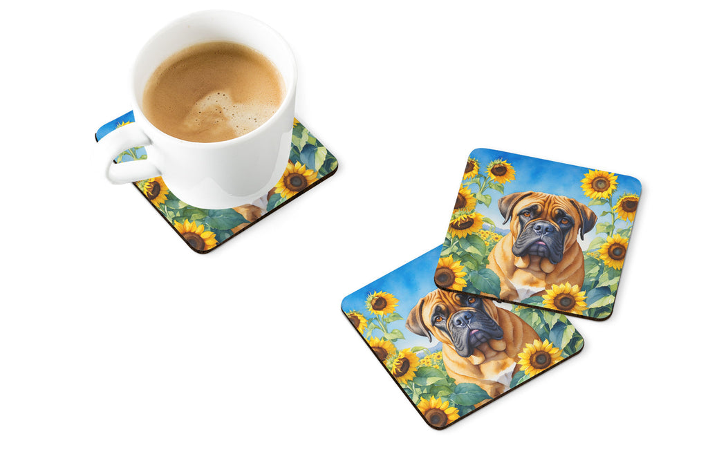 Bullmastiff in Sunflowers Foam Coasters Set of 4 Cup Coasters for Indoor Outdoor, Tabletop Protection, Anti Slip, Mouse pad Material