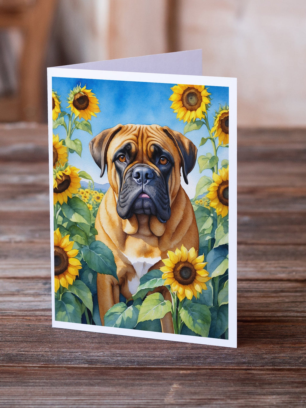 Bullmastiff in Sunflowers Greeting Cards Pack of 8 Blank Cards with Envelopes Whimsical A7 Size 5x7