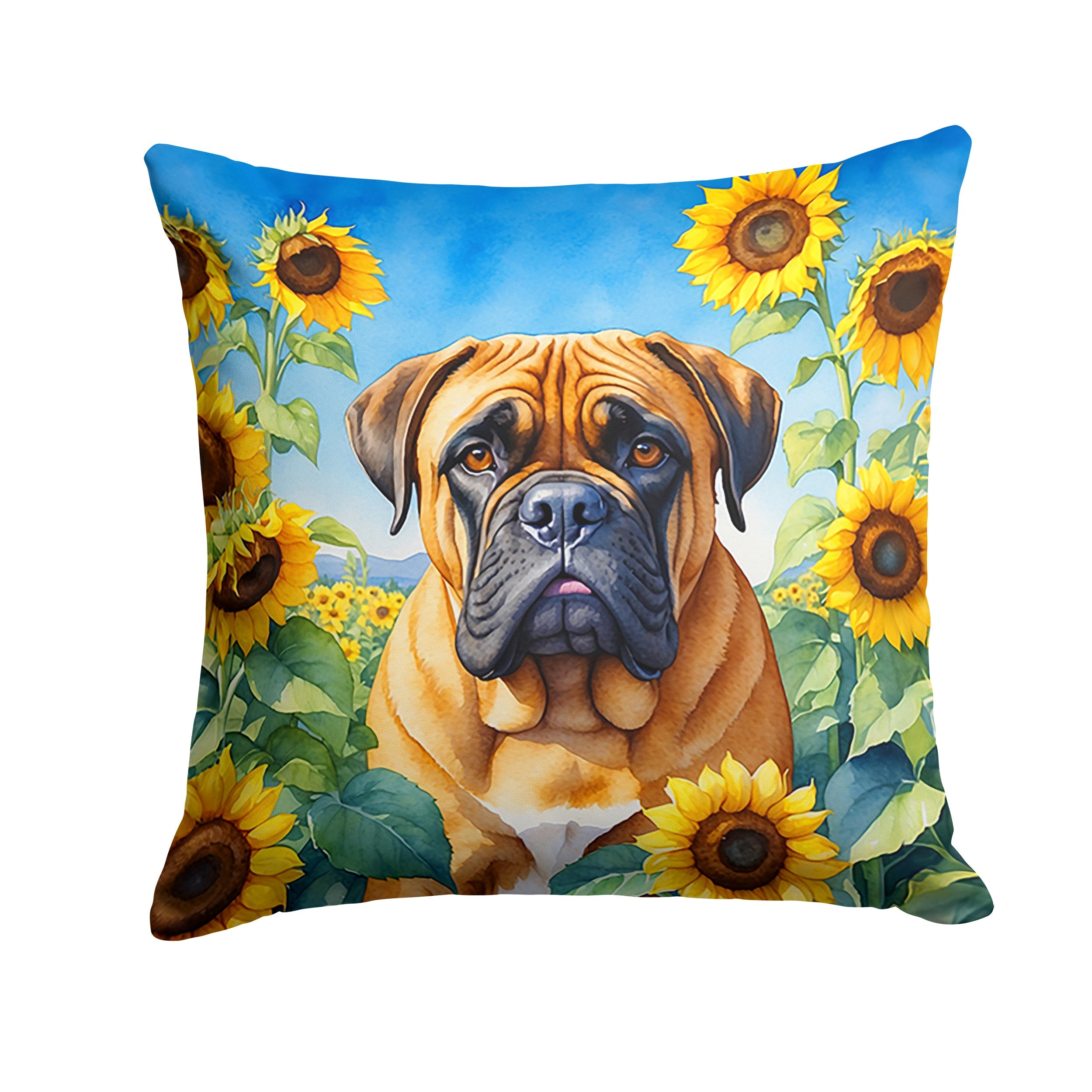 Bullmastiff in Sunflowers Decorative Throw Pillow 14x14 Indoor Outdoor Accent Cushion, Fabric Cover with Insert for Sofa, Bed, Porch & Living Room