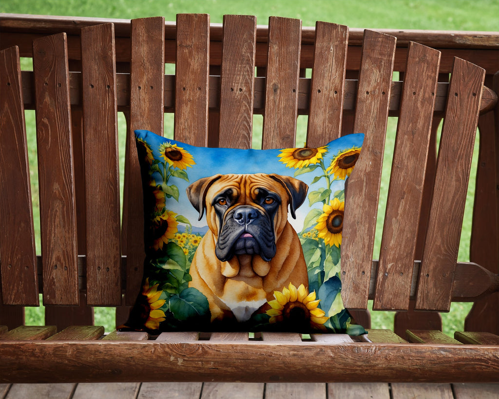Bullmastiff in Sunflowers Decorative Throw Pillow 14x14 Indoor Outdoor Accent Cushion, Fabric Cover with Insert for Sofa, Bed, Porch & Living Room