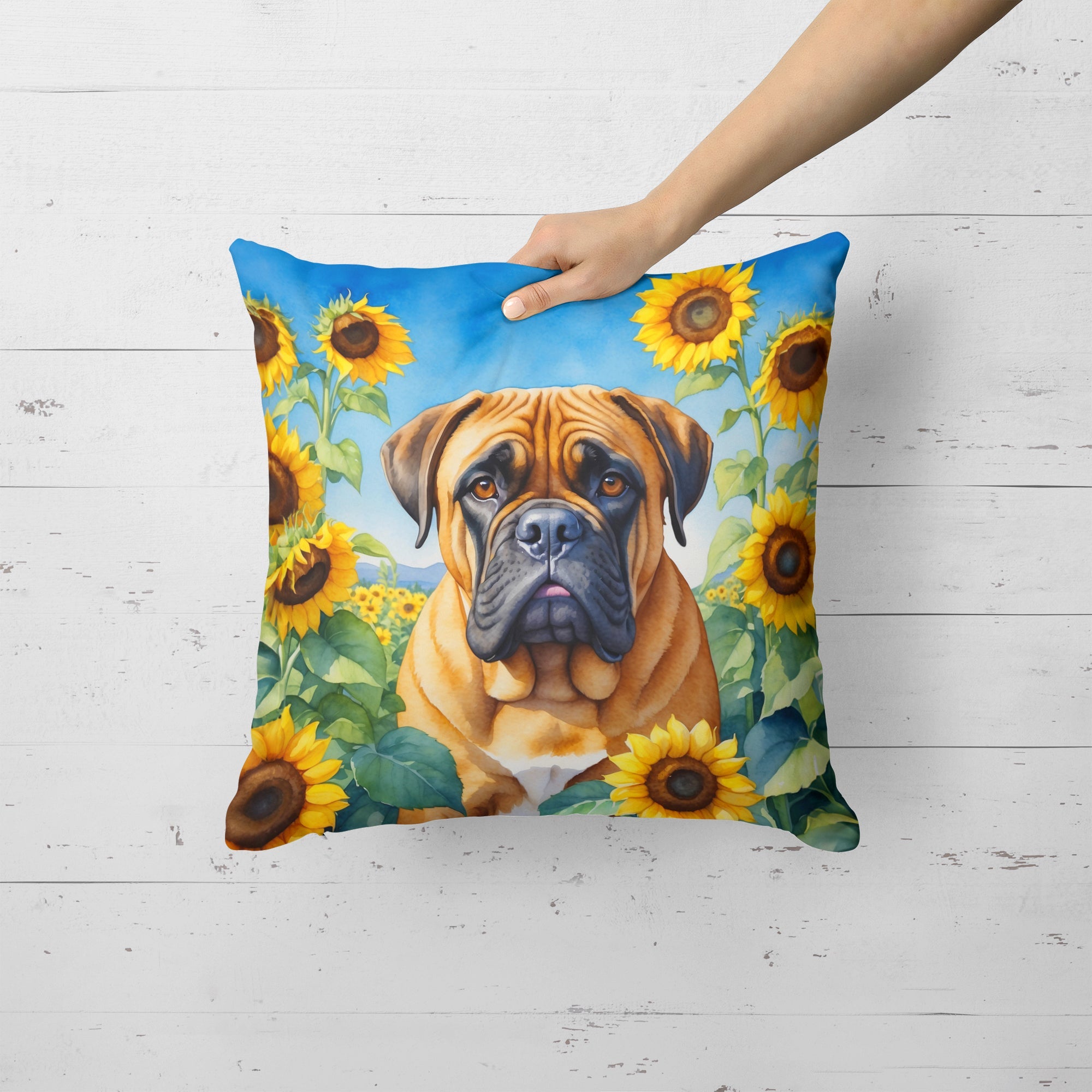 Bullmastiff in Sunflowers Decorative Throw Pillow 18x18 Indoor Outdoor Accent Cushion, Fabric Cover with Insert for Sofa, Bed, Porch & Living Room