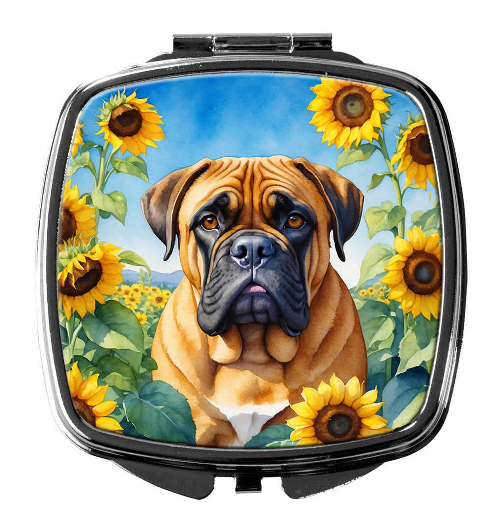 Bullmastiff in Sunflowers Compact Mirror Decorative Travel Makeup Mirror for Women Girls Gifts Pocket Makeup Mirror Folding Handheld