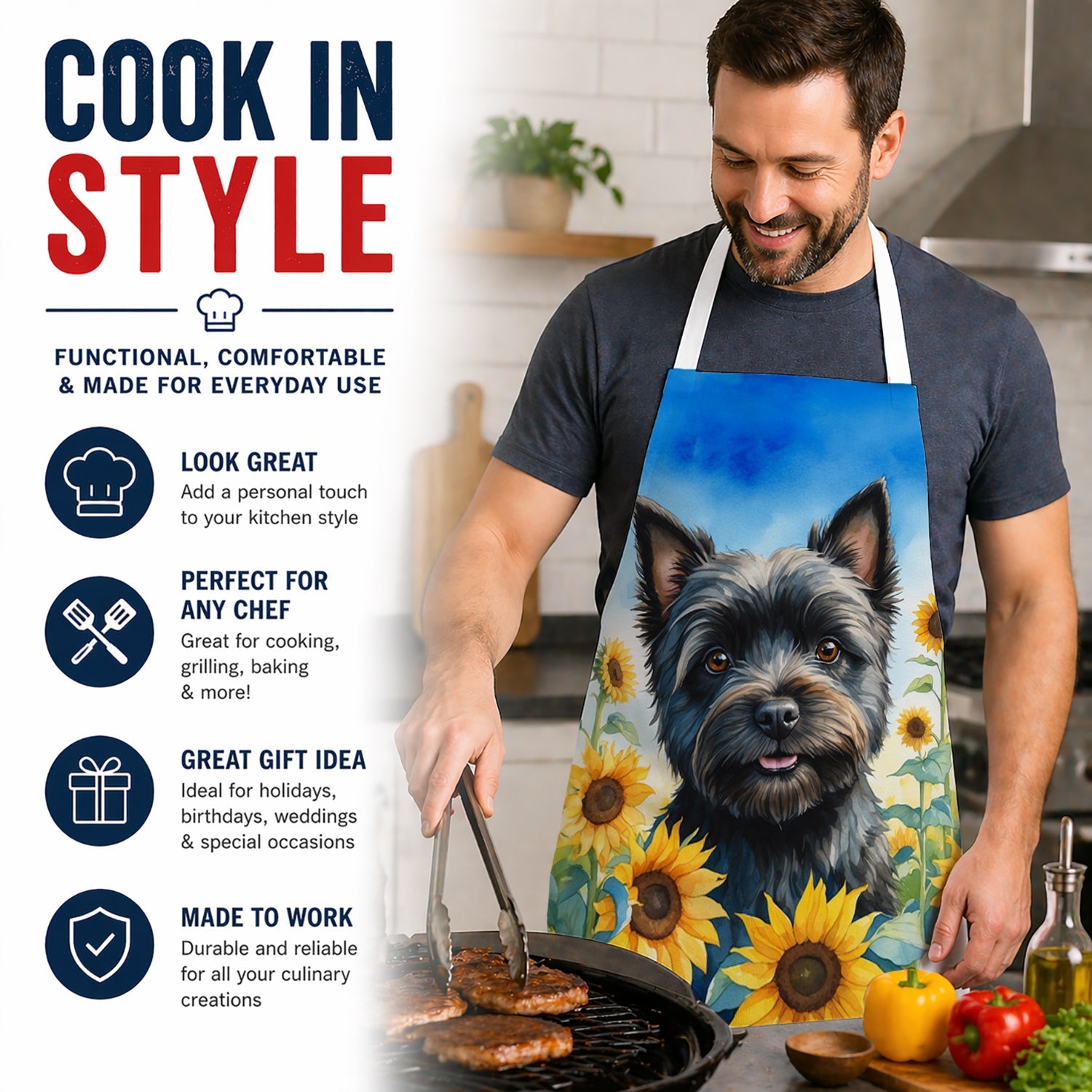 Cairn Terrier in Sunflowers Apron Cooking Kitchen Server Baking Crafts Gardening for Adult Women Men, Unisex, Large, Multicolor
