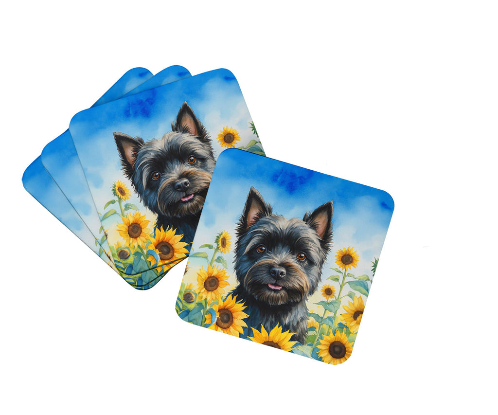 Cairn Terrier in Sunflowers Foam Coasters Set of 4 Cup Coasters for Indoor Outdoor, Tabletop Protection, Anti Slip, Mouse pad Material