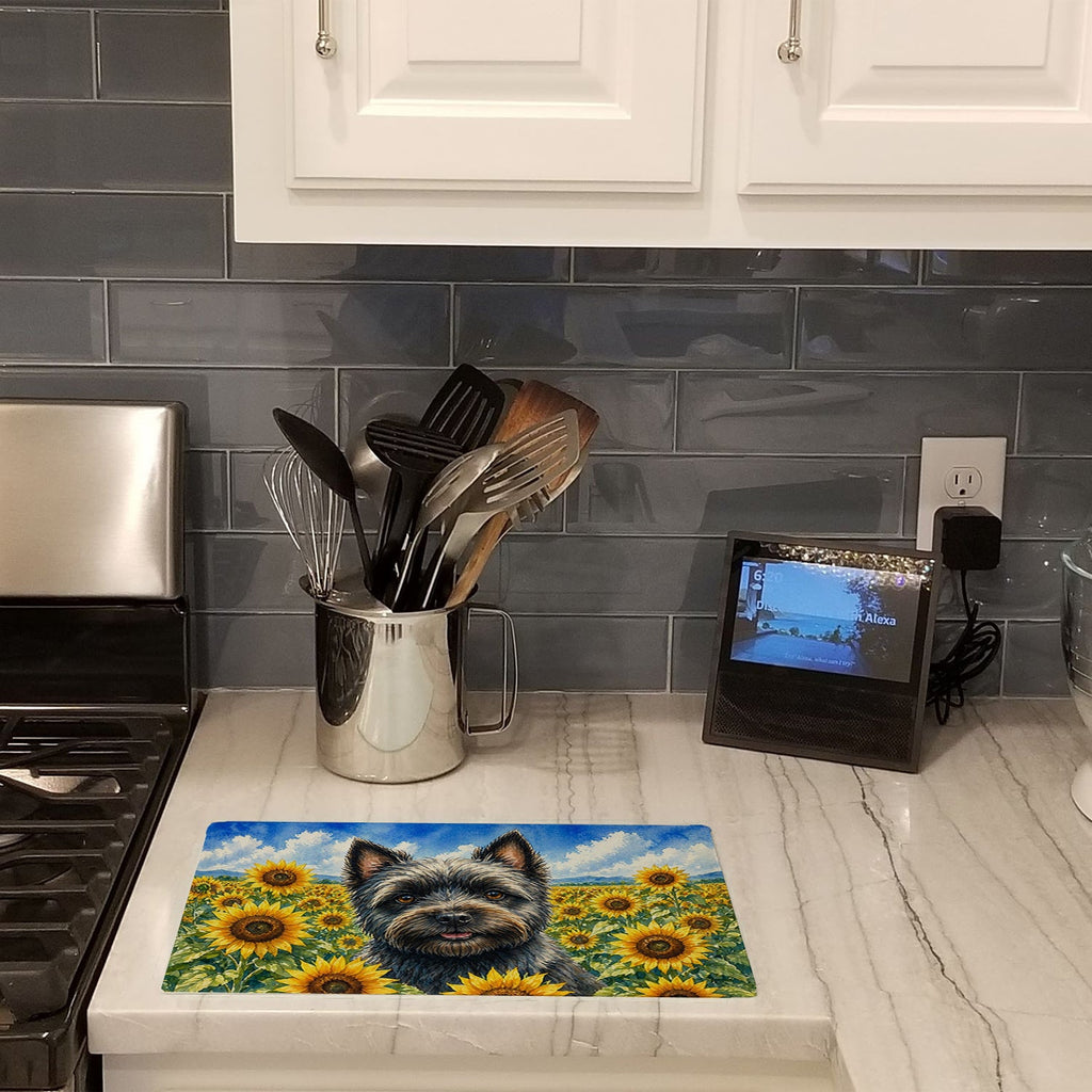 Cairn Terrier in Sunflowers Cutting Board Tempered Glass Kitchen Cutting Surface, Heat Resistant Chopping Board with Non-Slip Feet, Decorative Food Prep & Serving