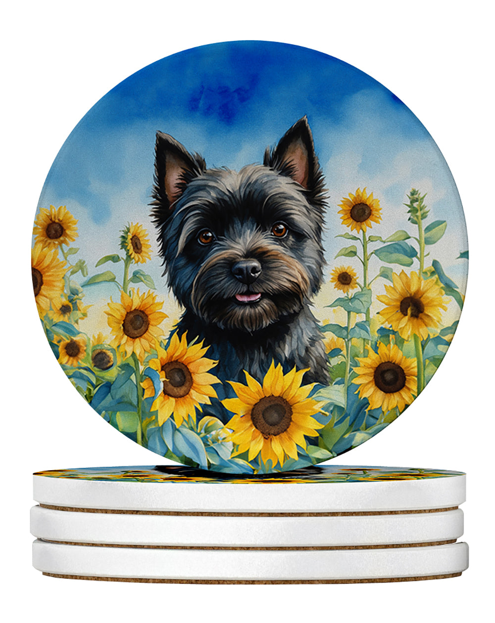 Cairn Terrier in Sunflowers Large Sandstone Coasters Pack of 4 Absorbent Round Coasters Decor Gifts for Men or Women, 4 in, Multicolor