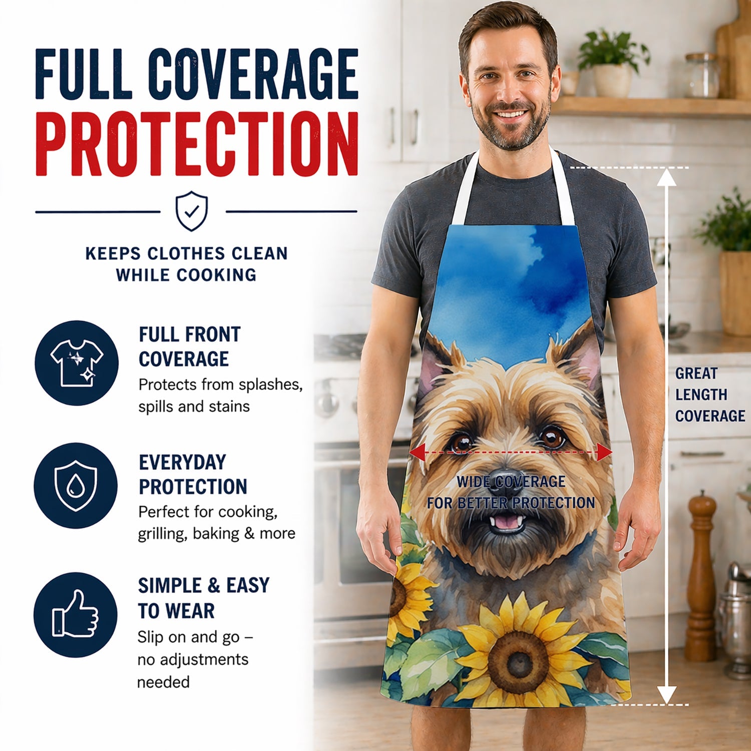 Cairn Terrier in Sunflowers Apron Cooking Kitchen Server Baking Crafts Gardening for Adult Women Men, Unisex, Large, Multicolor