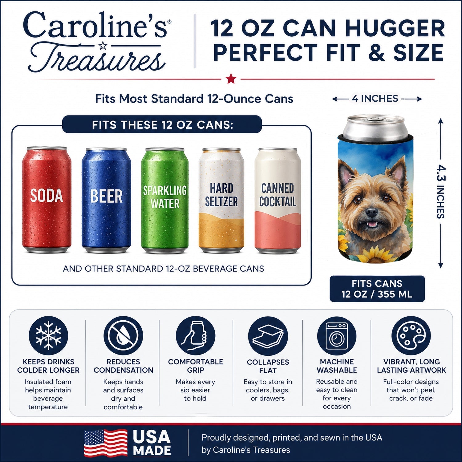 Cairn Terrier in Sunflowers Can or Bottle Hugger Cooler Sleeve for Standard 12 oz Cans, Insulated Foam Beer & Soda Can Hugger Reusable