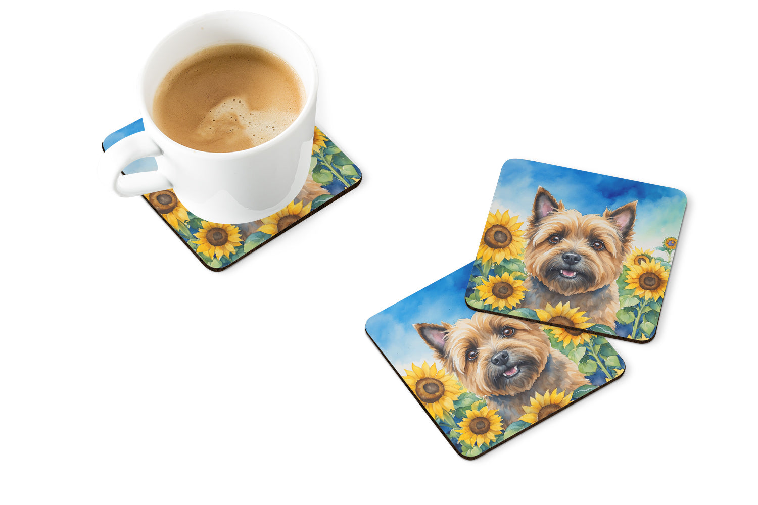 Cairn Terrier in Sunflowers Foam Coasters Set of 4 Cup Coasters for Indoor Outdoor, Tabletop Protection, Anti Slip, Mouse pad Material