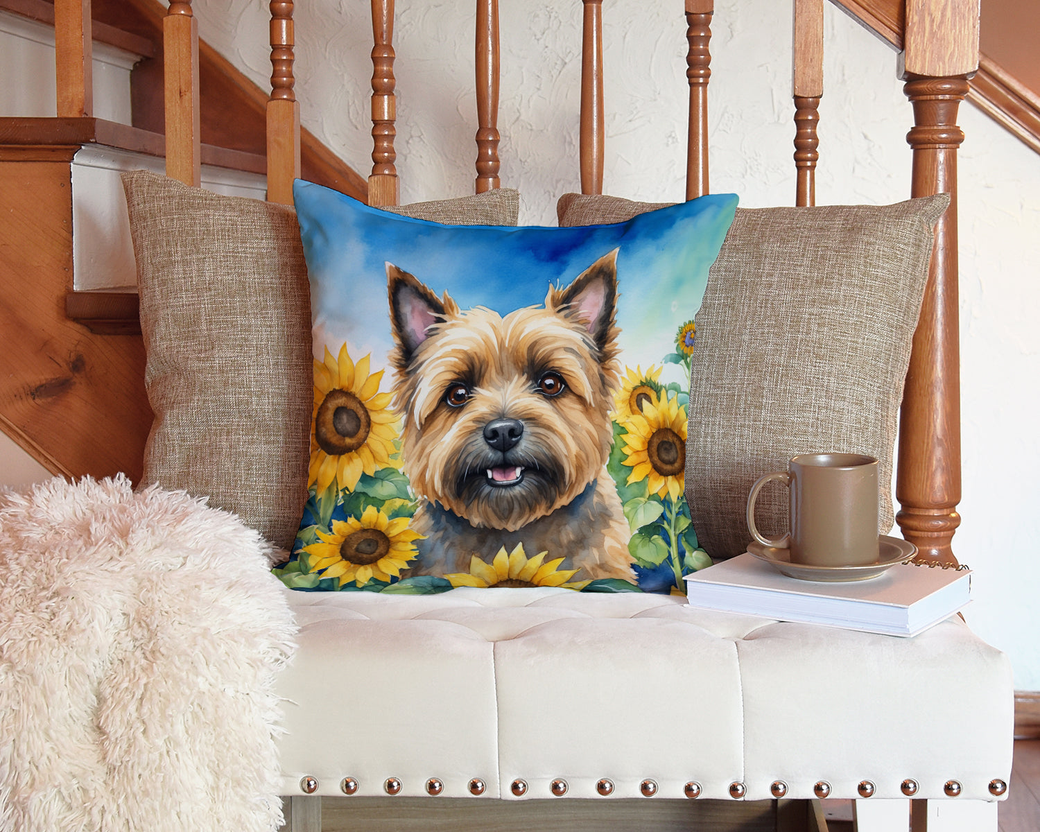 Cairn Terrier in Sunflowers Decorative Throw Pillow 14x14 Indoor Outdoor Accent Cushion, Fabric Cover with Insert for Sofa, Bed, Porch & Living Room