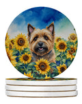Cairn Terrier in Sunflowers Large Sandstone Coasters Pack of 4 Absorbent Round Coasters Decor Gifts for Men or Women, 4 in, Multicolor