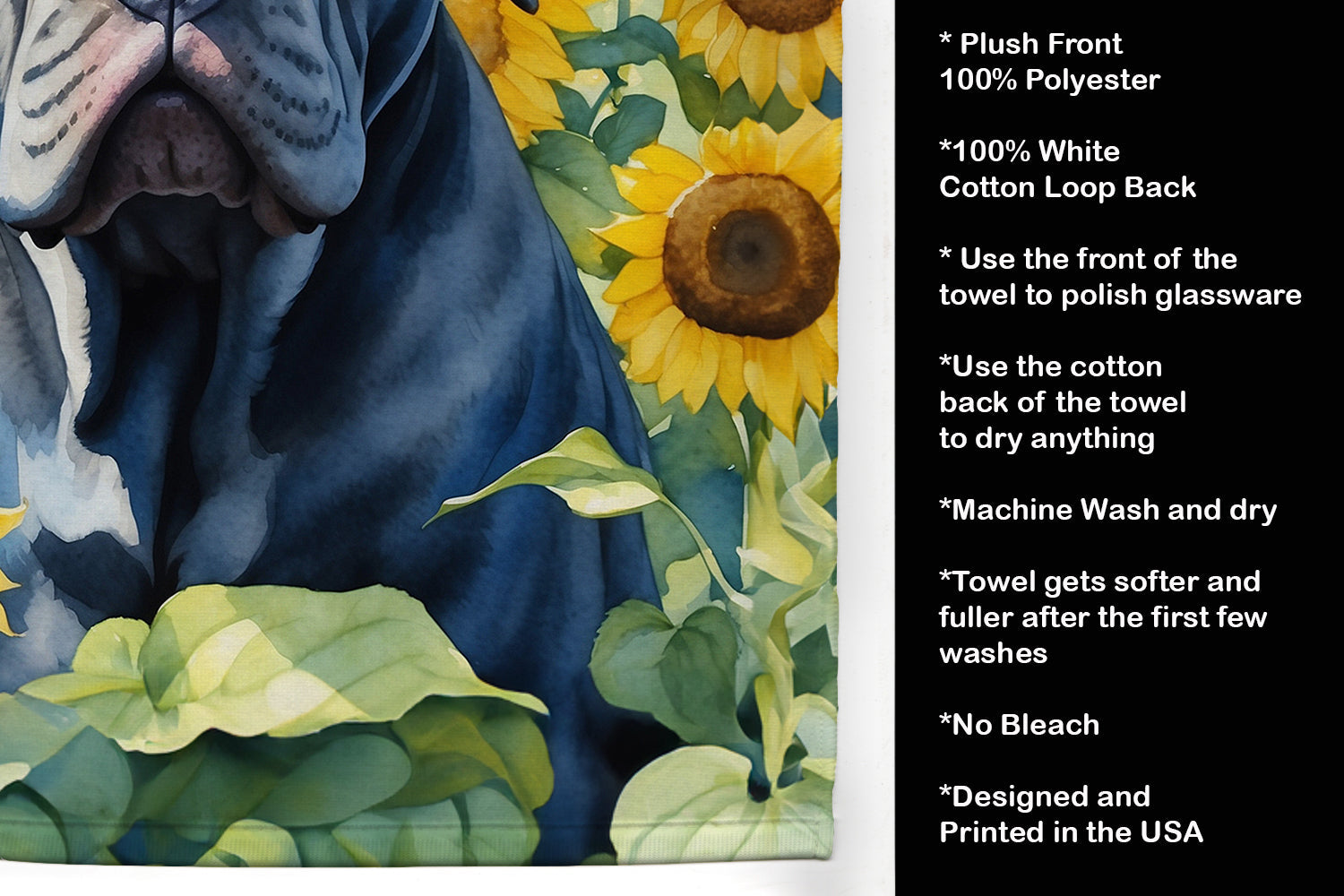 Cane Corso in Sunflowers Kitchen Towel Velour Plush Front and Cotton Loop Back Machine Washable