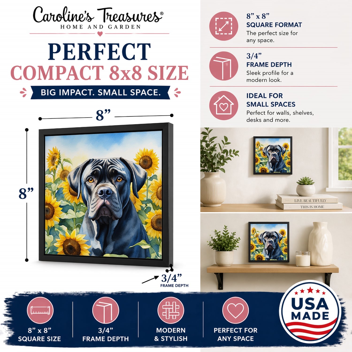 Cane Corso in Sunflowers Framed Metal Print Bathroom, Kitchen, Office, Home Decor Wall Art Ready to Hang, Square, 8X8