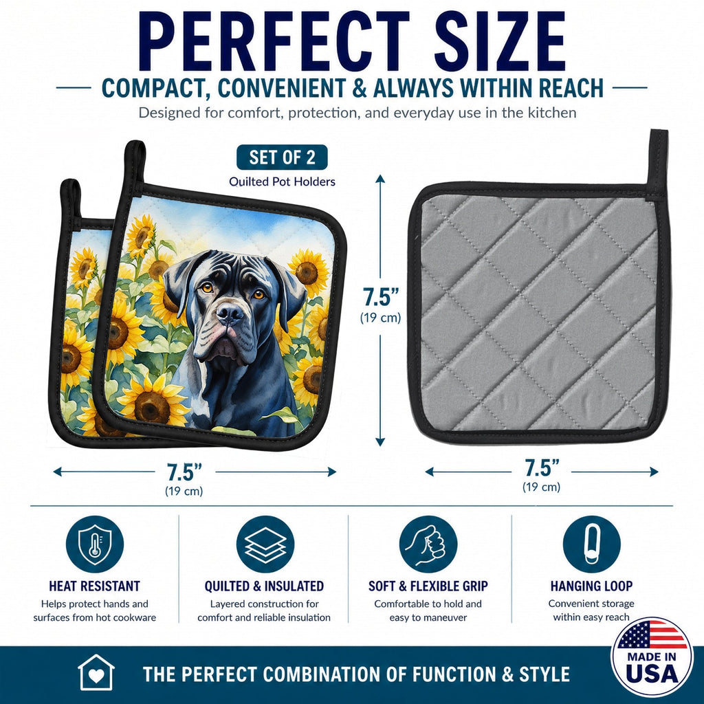 Cane Corso in Sunflowers Pot Holder Set of 2 Heat Resistant Quilted Hot Pads 7.5 x 7.5 Inch, Insulated Kitchen Trivets for Cooking & Baking