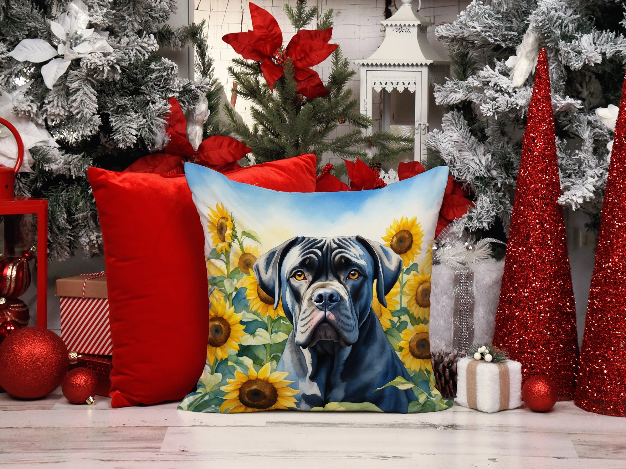 Cane Corso in Sunflowers Decorative Throw Pillow 14x14 Indoor Outdoor Accent Cushion, Fabric Cover with Insert for Sofa, Bed, Porch & Living Room