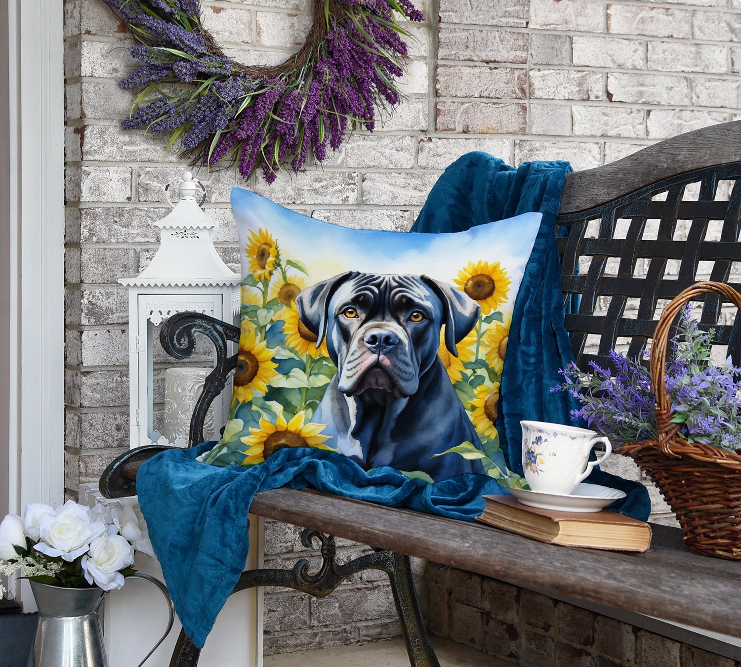Cane Corso in Sunflowers Decorative Throw Pillow 18x18 Indoor Outdoor Accent Cushion, Fabric Cover with Insert for Sofa, Bed, Porch & Living Room