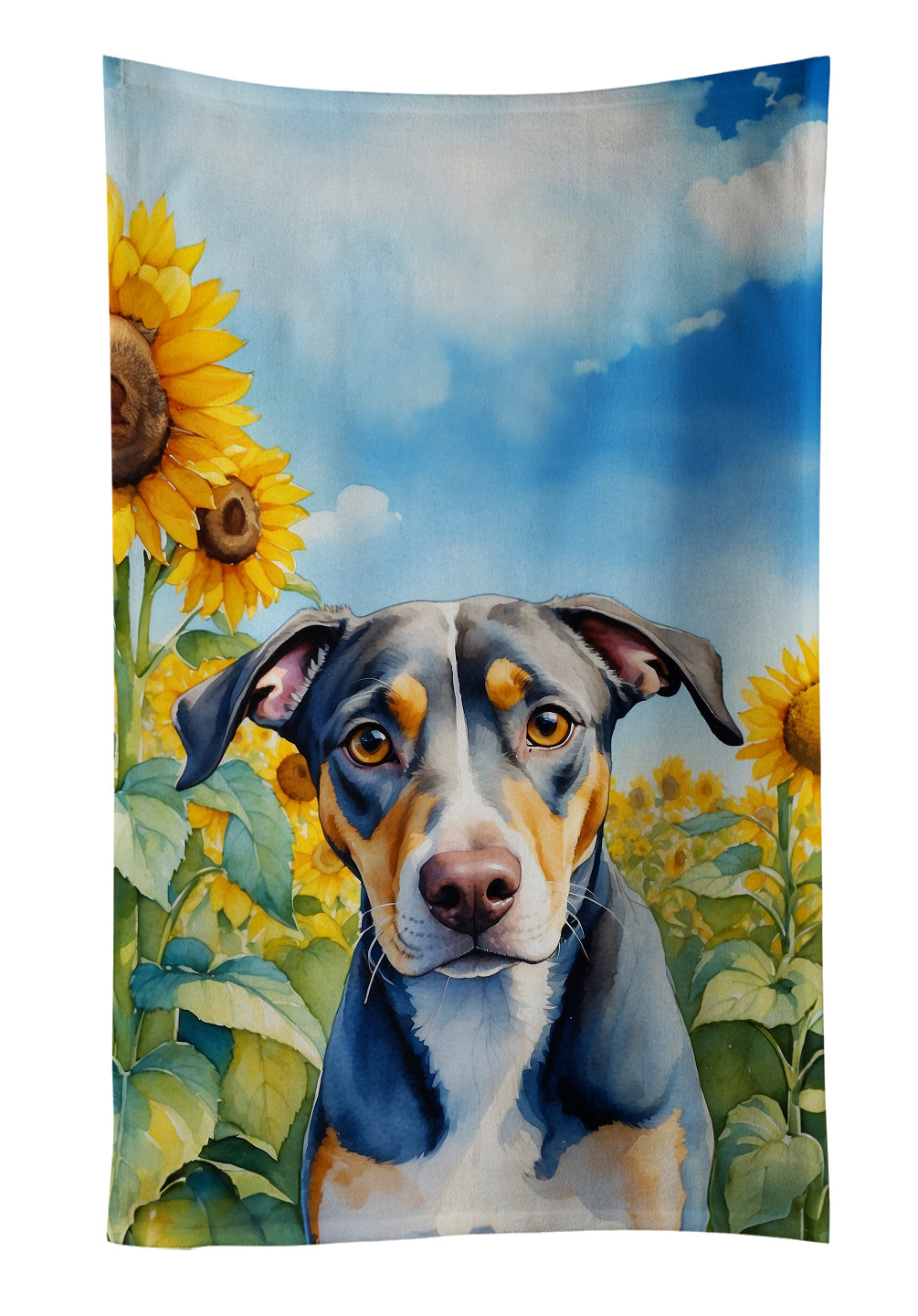 Catahoula in Sunflowers Kitchen Towel Velour Plush Front and Cotton Loop Back Machine Washable