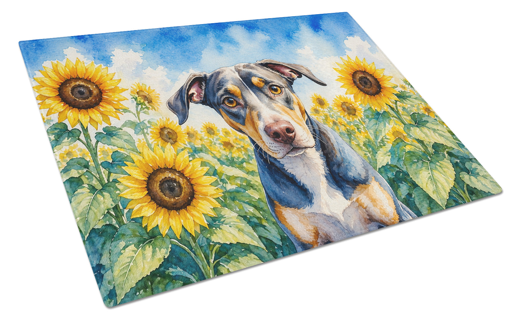 Catahoula in Sunflowers Cutting Board Tempered Glass Kitchen Cutting Surface, Heat Resistant Chopping Board with Non-Slip Feet, Decorative Food Prep & Serving