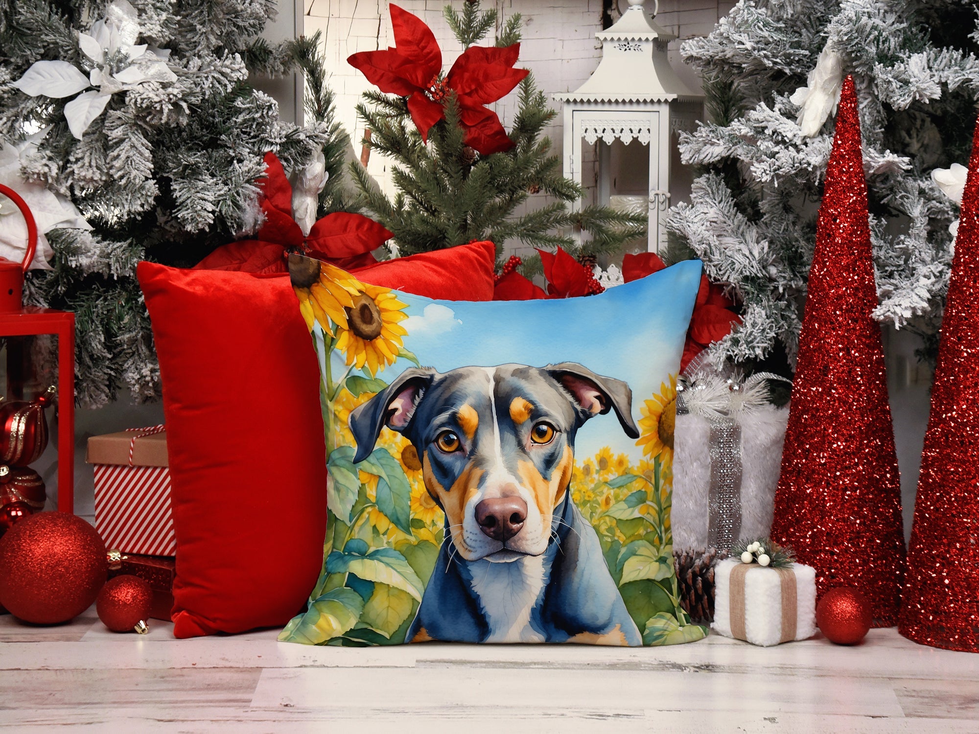 Catahoula in Sunflowers Decorative Throw Pillow 14x14 Indoor Outdoor Accent Cushion, Fabric Cover with Insert for Sofa, Bed, Porch & Living Room