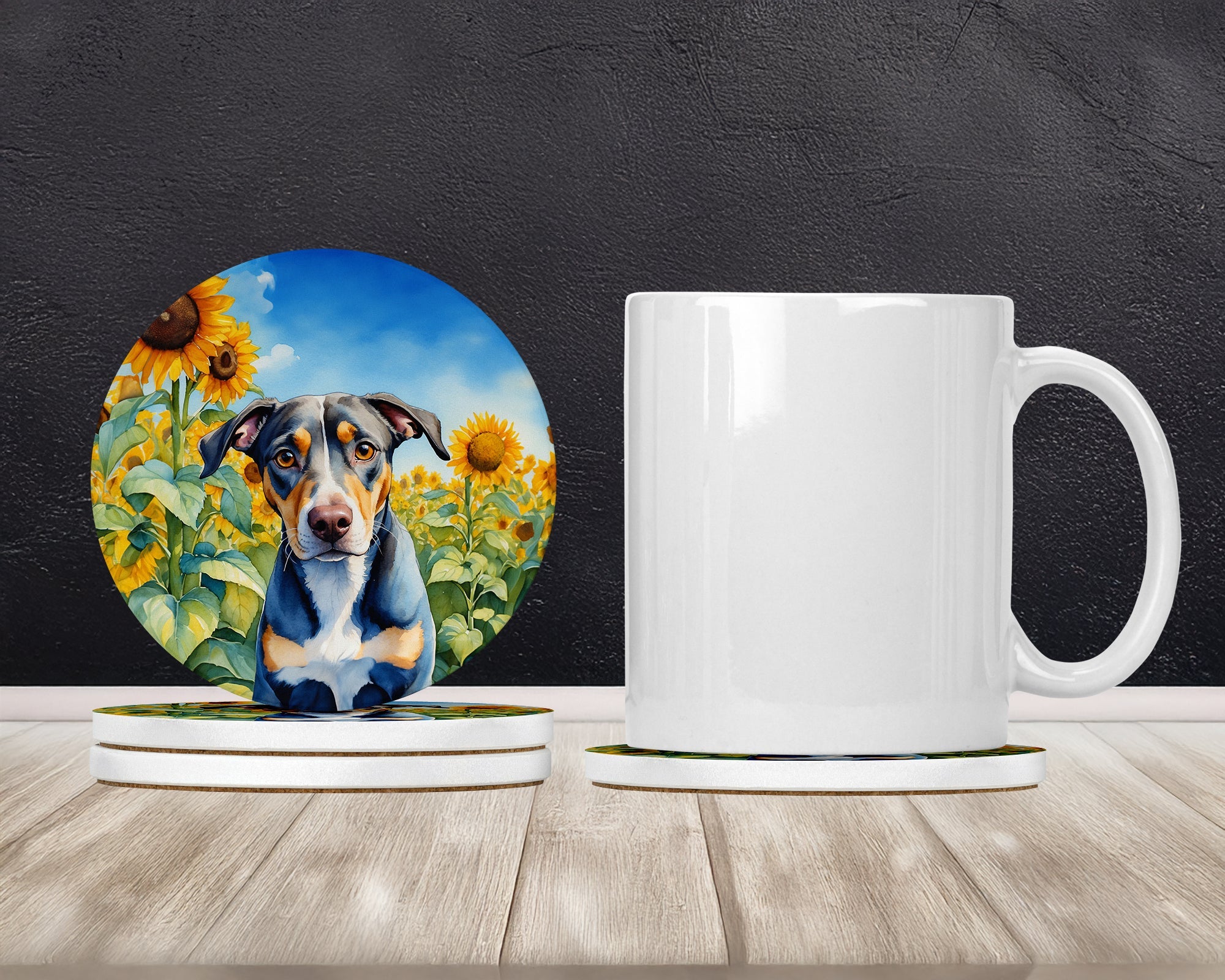 Catahoula in Sunflowers Large Sandstone Coasters Pack of 4 Absorbent Round Coasters Decor Gifts for Men or Women, 4 in, Multicolor