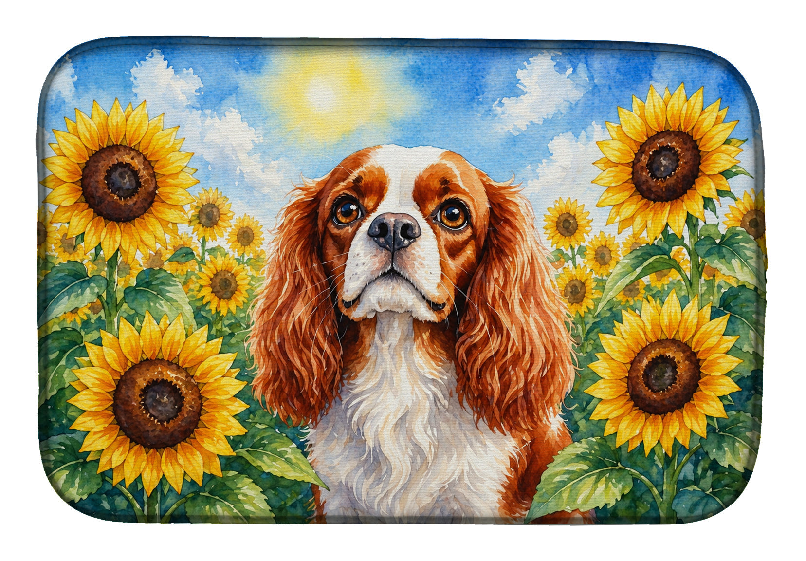 Cavalier Spaniel in Sunflowers Dish Drying Mat Absorbent Dish Drying Mat Pad for Kitchen Counter Dish Drainer Mat for Countertop, 14 x 21", Multicolor