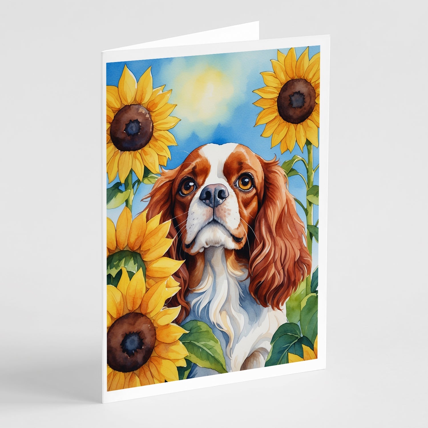 Cavalier Spaniel in Sunflowers Greeting Cards Pack of 8 Blank Cards with Envelopes Whimsical A7 Size 5x7