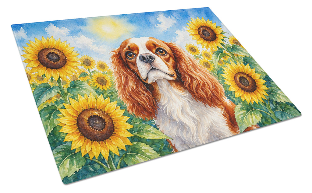 Cavalier Spaniel in Sunflowers Cutting Board Tempered Glass Kitchen Cutting Surface, Heat Resistant Chopping Board with Non-Slip Feet, Decorative Food Prep & Serving
