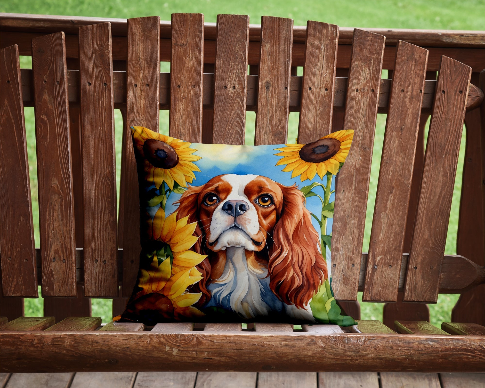 Cavalier Spaniel in Sunflowers Decorative Throw Pillow 14x14 Indoor Outdoor Accent Cushion, Fabric Cover with Insert for Sofa, Bed, Porch & Living Room