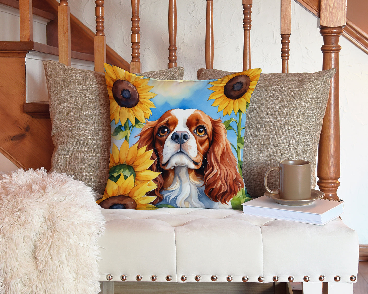 Cavalier Spaniel in Sunflowers Decorative Throw Pillow 14x14 Indoor Outdoor Accent Cushion, Fabric Cover with Insert for Sofa, Bed, Porch & Living Room