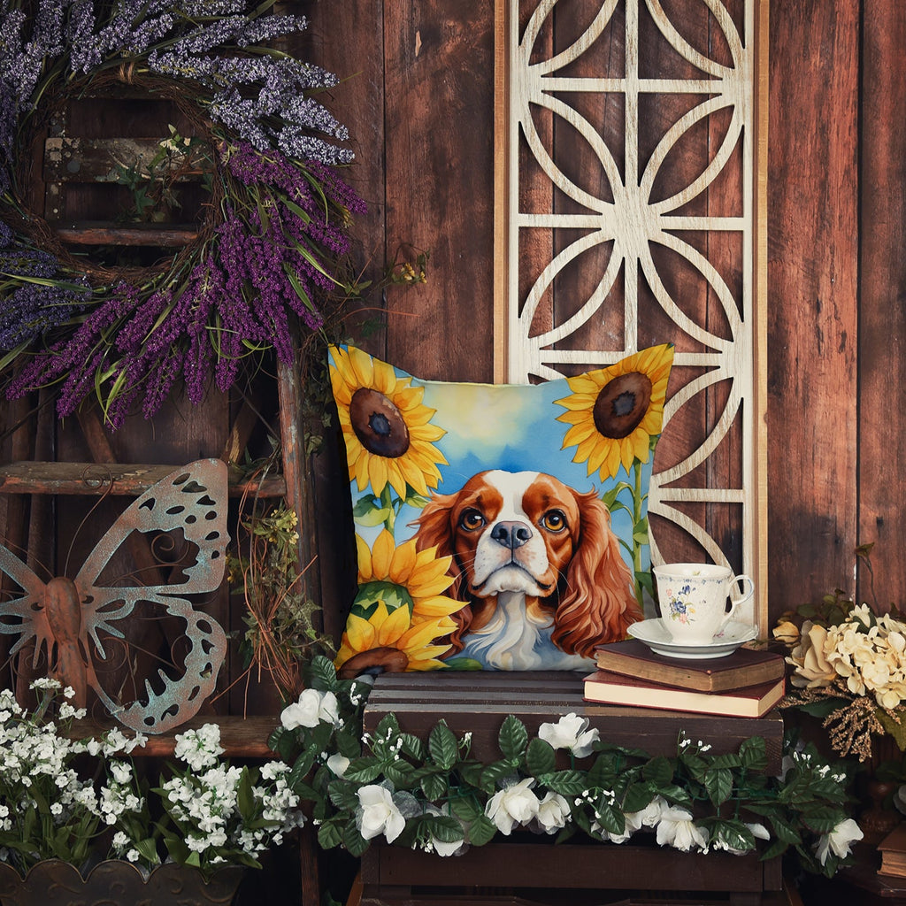 Cavalier Spaniel in Sunflowers Decorative Throw Pillow 18x18 Indoor Outdoor Accent Cushion, Fabric Cover with Insert for Sofa, Bed, Porch & Living Room