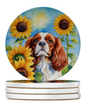 Cavalier Spaniel in Sunflowers Large Sandstone Coasters Pack of 4 Absorbent Round Coasters Decor Gifts for Men or Women, 4 in, Multicolor