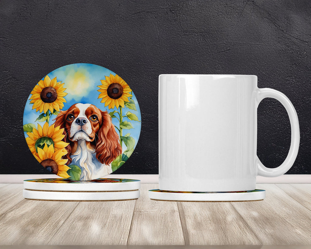 Cavalier Spaniel in Sunflowers Large Sandstone Coasters Pack of 4 Absorbent Round Coasters Decor Gifts for Men or Women, 4 in, Multicolor