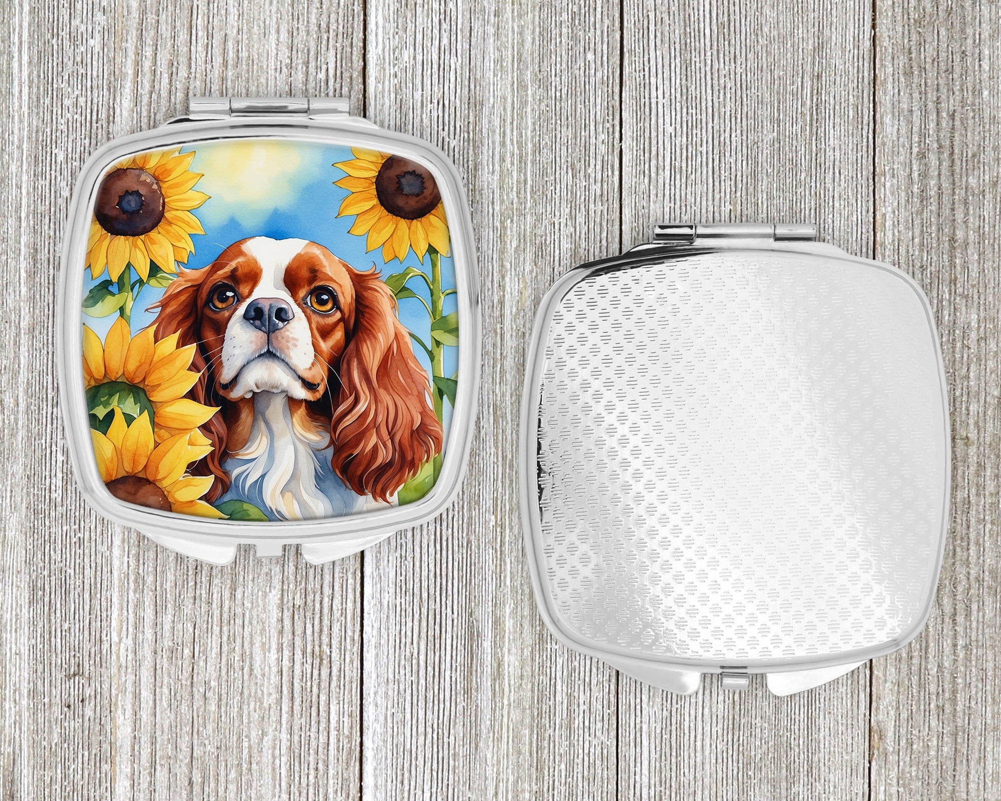 Cavalier Spaniel in Sunflowers Compact Mirror Decorative Travel Makeup Mirror for Women Girls Gifts Pocket Makeup Mirror Folding Handheld