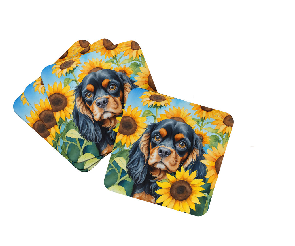 Cavalier Spaniel in Sunflowers Foam Coasters Set of 4 Cup Coasters for Indoor Outdoor, Tabletop Protection, Anti Slip, Mouse pad Material