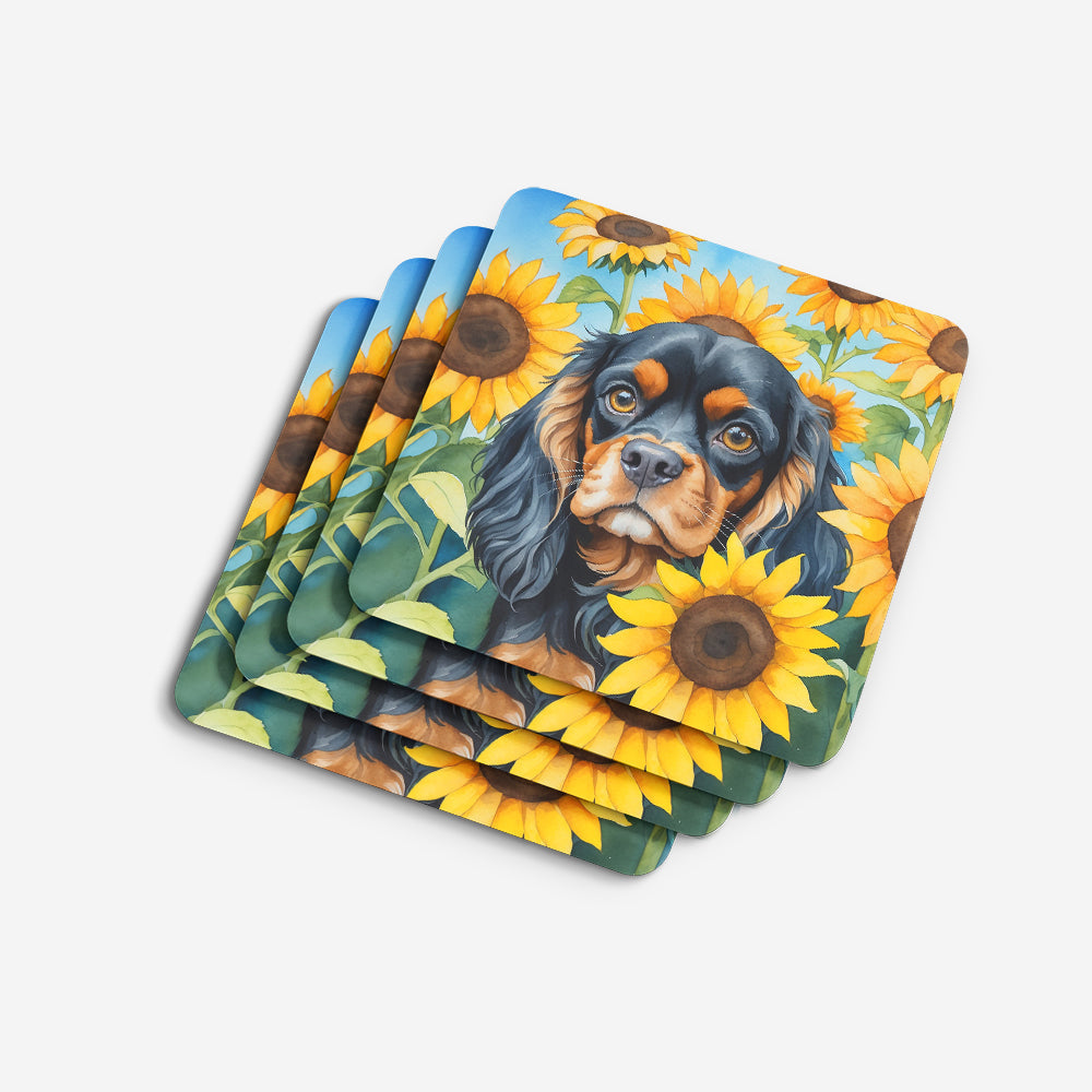 Cavalier Spaniel in Sunflowers Foam Coasters Set of 4 Cup Coasters for Indoor Outdoor, Tabletop Protection, Anti Slip, Mouse pad Material