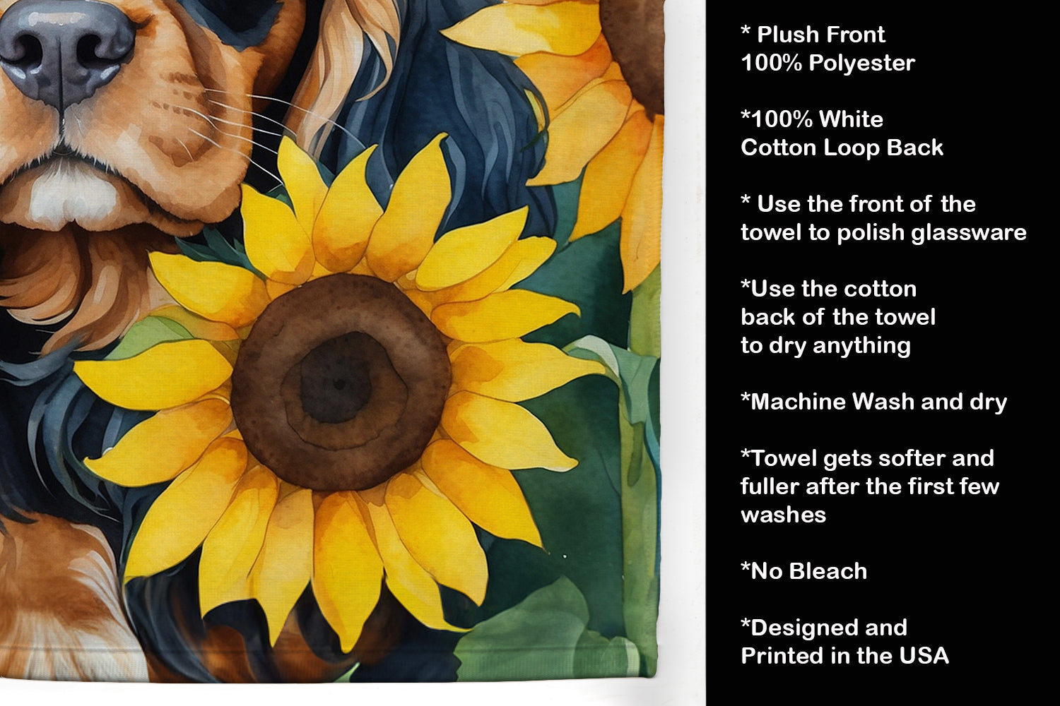 Cavalier Spaniel in Sunflowers Kitchen Towel Velour Plush Front and Cotton Loop Back Machine Washable
