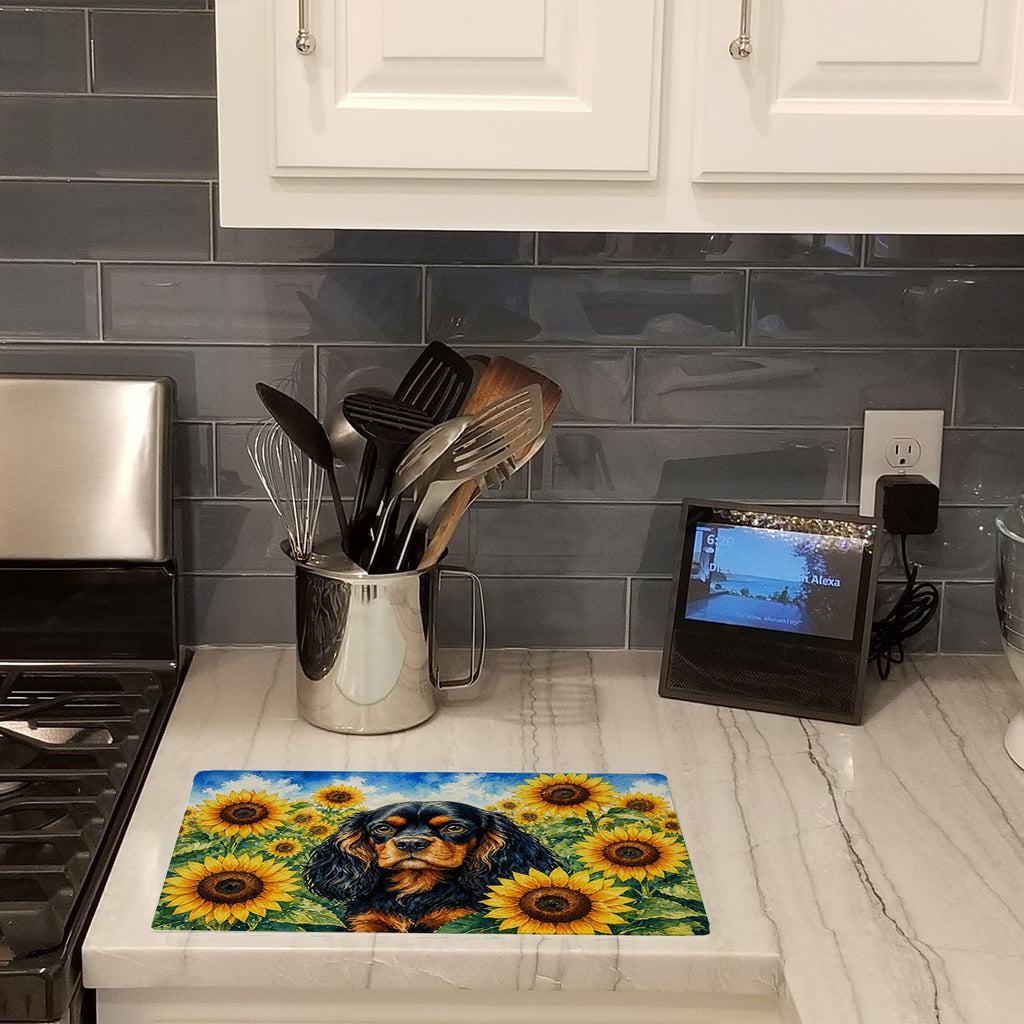 Cavalier Spaniel in Sunflowers Cutting Board Tempered Glass Kitchen Cutting Surface, Heat Resistant Chopping Board with Non-Slip Feet, Decorative Food Prep & Serving