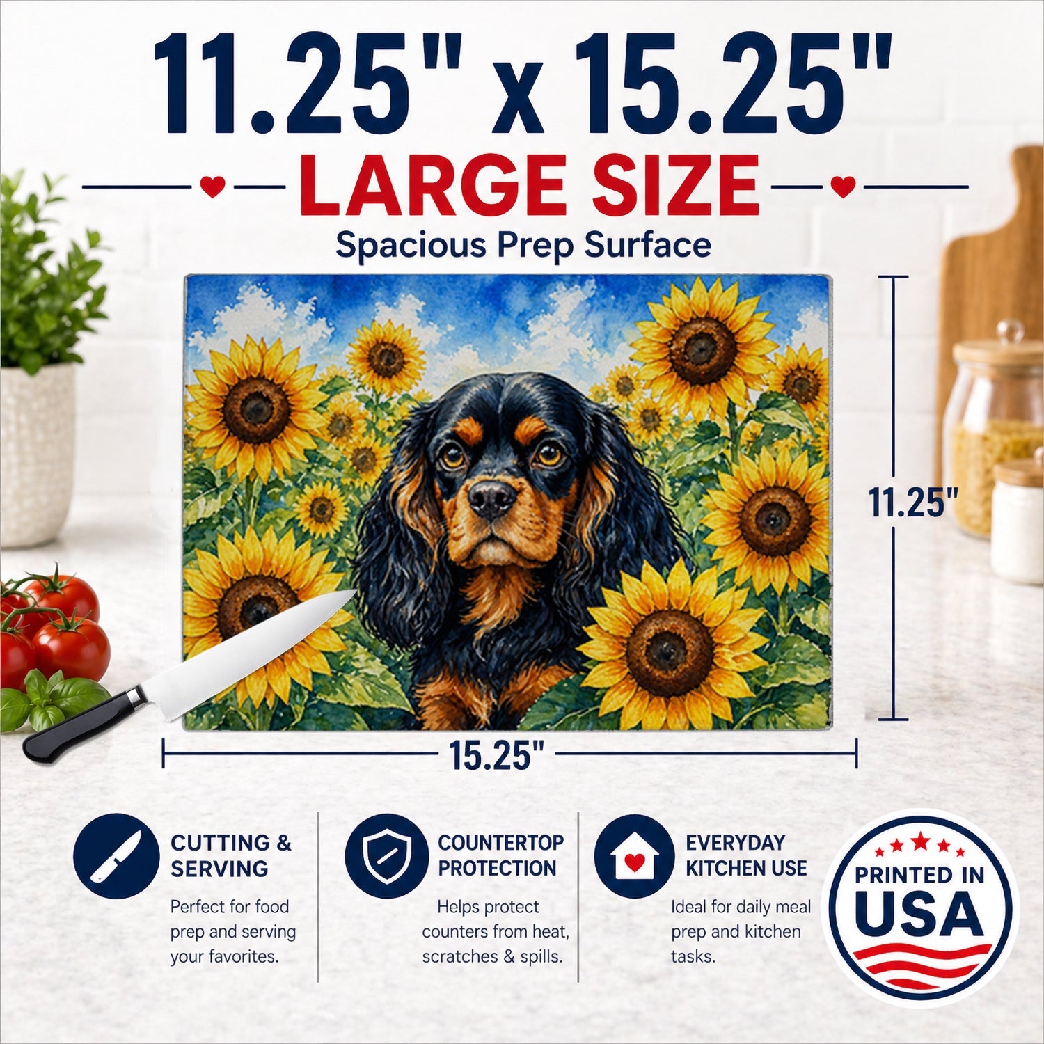 Cavalier Spaniel in Sunflowers Cutting Board Tempered Glass Kitchen Cutting Surface, Heat Resistant Chopping Board with Non-Slip Feet, Decorative Food Prep & Serving