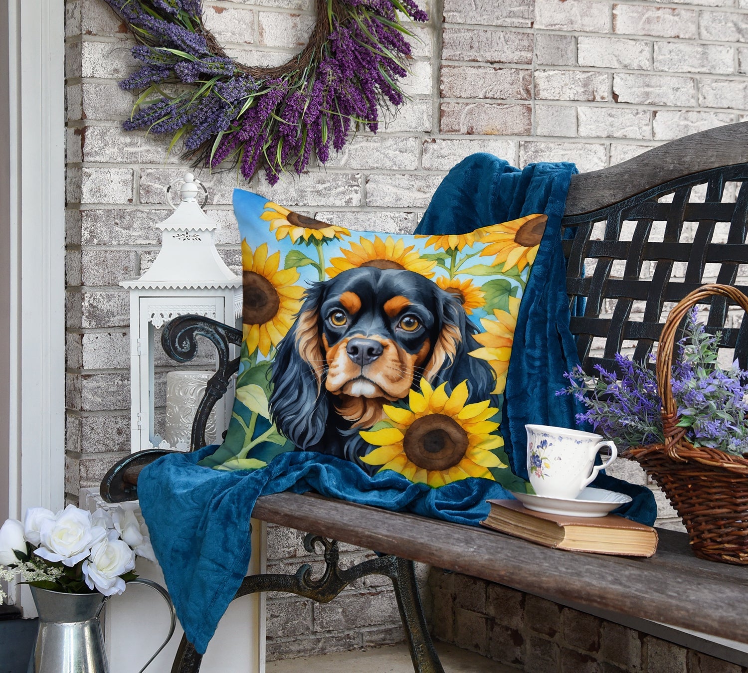 Cavalier Spaniel in Sunflowers Decorative Throw Pillow 18x18 Indoor Outdoor Accent Cushion, Fabric Cover with Insert for Sofa, Bed, Porch & Living Room